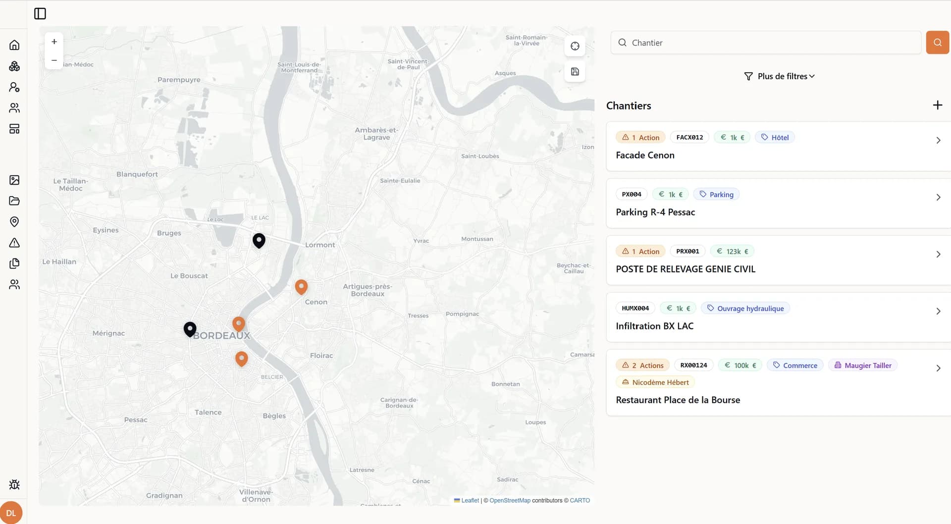 Tableau de bord Texap sur ordinateur montrant la gestion centralisée des chantiers