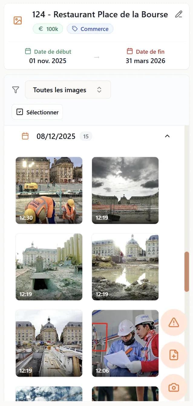 Application mobile Texap affichant des photos de chantier organisées