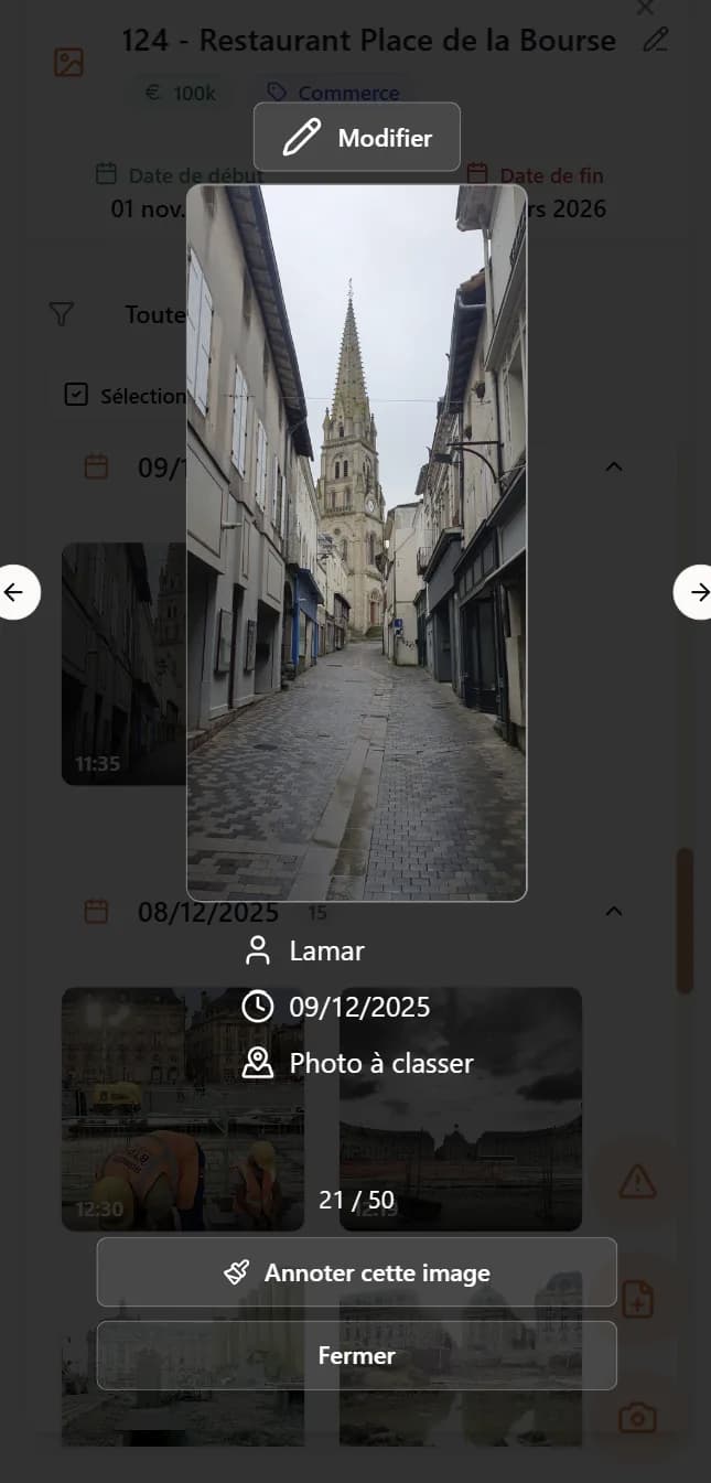 Aperçu d'une photo de chantier dans l'application Texap