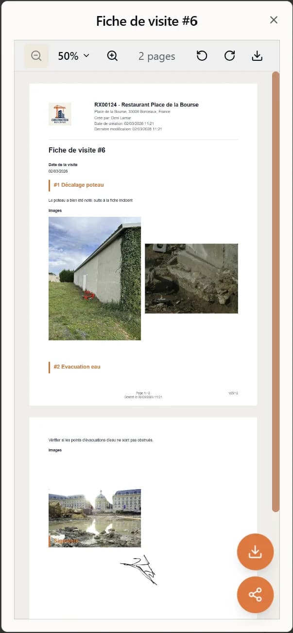 Aperçu d'un rapport de chantier généré par Texap