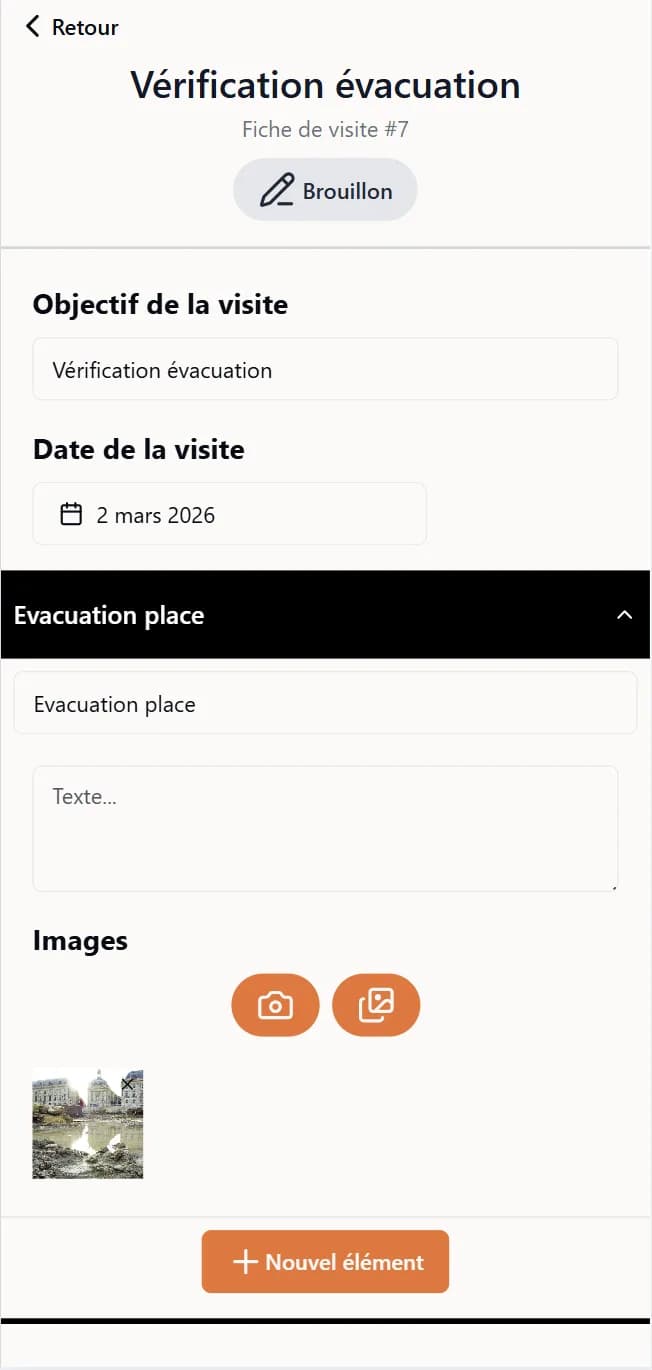 Formulaire de création de rapport avec observations, commentaires et photos attachées