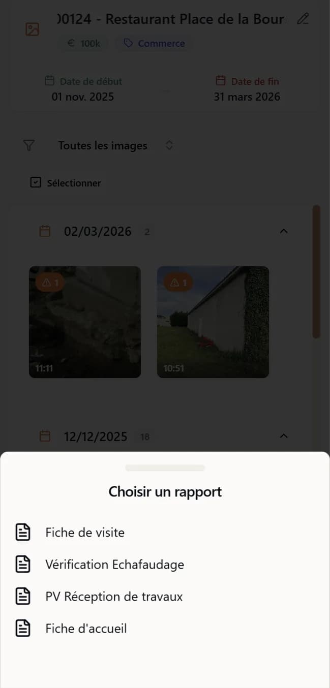 Écran mobile de sélection des modèles de rapport dans l'application Texap