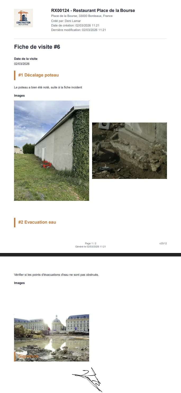 Document PDF de fiche de visite généré avec photos, observations et signature électronique
