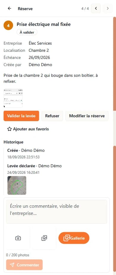 Réserve à valider avec ses photos de levée