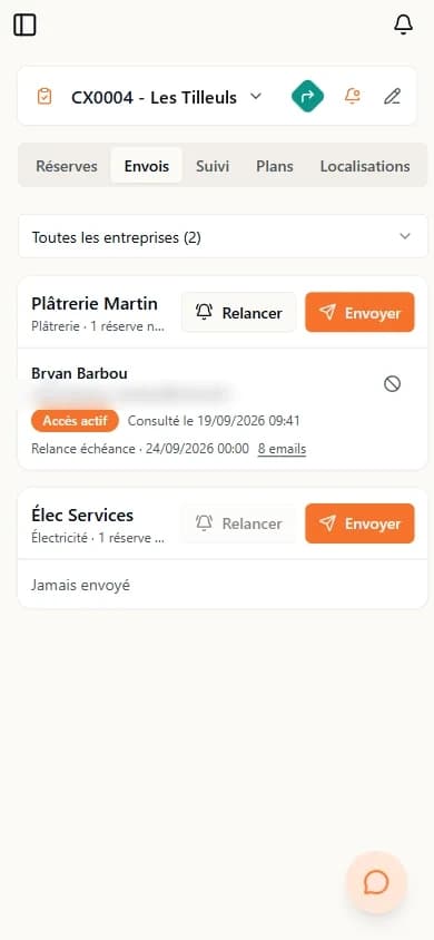 Envoi des réserves aux entreprises