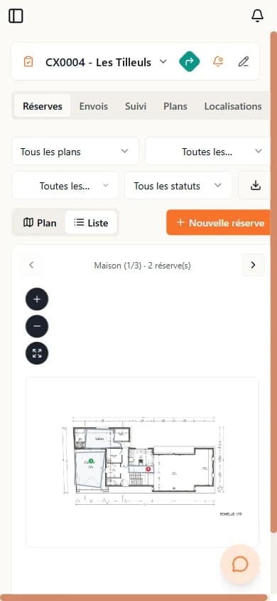 Réserves placées sur le plan d'un chantier dans l'application Texap