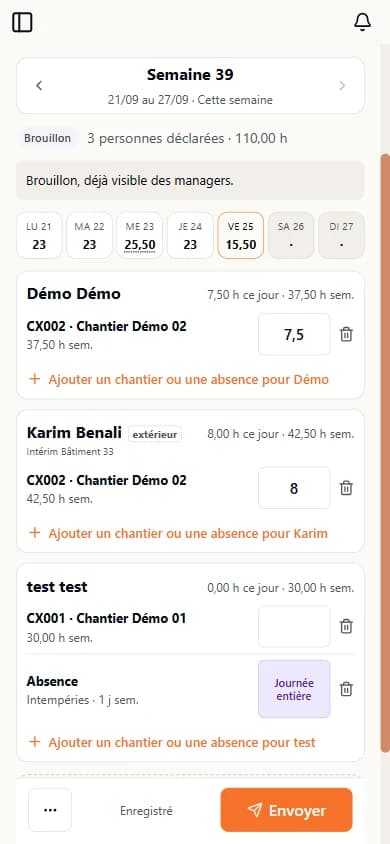 Saisie d'une journée d'absence pour intempéries