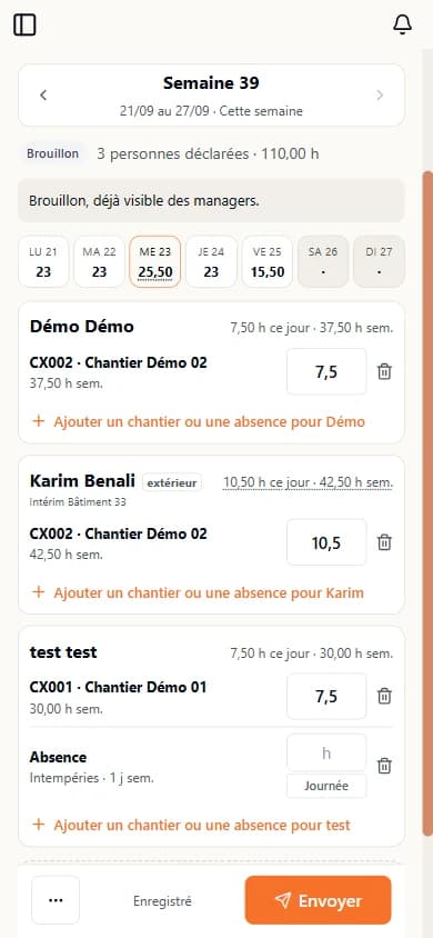 Feuille de pointage hebdomadaire d'une équipe dans l'application Texap