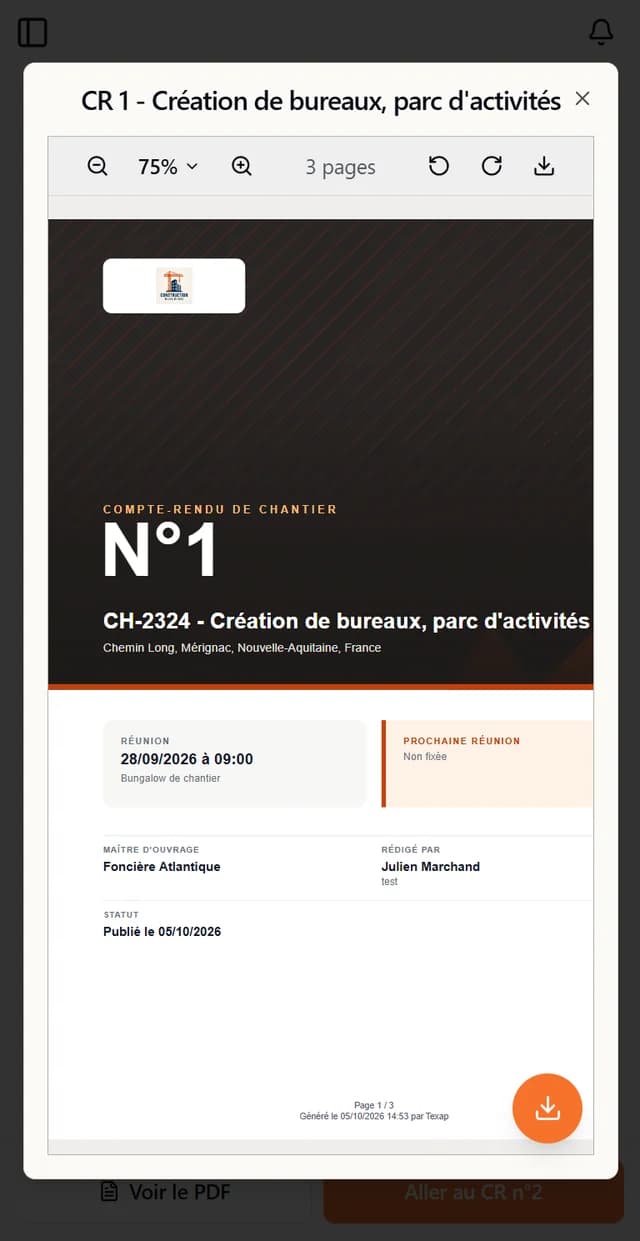 Page de garde d'un compte rendu de réunion de chantier généré par Texap