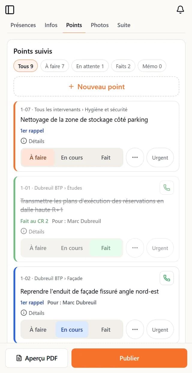 Liste des points suivis avec rappels et statuts
